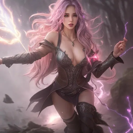 Prompt: Splash art, swirling magical lights, dense fog, create an intricately detailed, full body, ultra realistic, 3D Rendered image focused on an enticing, alluring, highly detailed, slender ((random hair color)), super exotic young adult magical human sorceress. {{surrounded by angry orcs.}}, casting magic lightning bolts} in an epic depiction of battling orcs, in a dystopian city destroyed by, 64k resolution, ultra photo realistic, highly exotic, ultimate fantasy, digital concept art, perfect cinematic lighting, perfect shading.