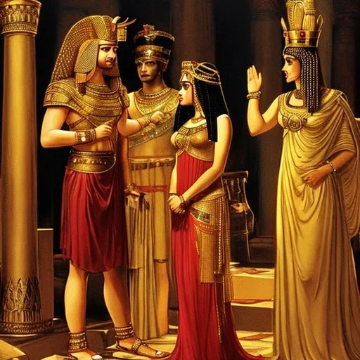 Prompt:  The secret and romantic meeting of Queen Cleopatra in a red dress and golden crown with Mark Antony in the Golden Palace