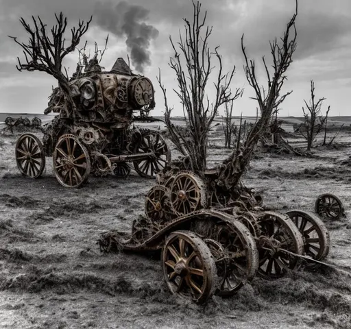 Prompt: A steampunk turret is mounted on top of A battered steampunk war carriage on the battlefields of ww1. barbed wire, trenches, dead soldiers and horses litter the muddy and destroyed terrain. Burned tree stumps smoilder in the background.