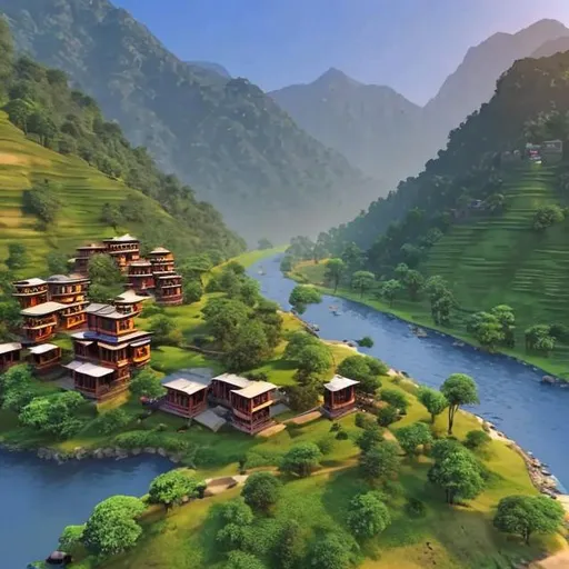 Prompt: A peaceful Indian village, nestled in the foothills of the Himalayas, with a tranquil river winding through the center.