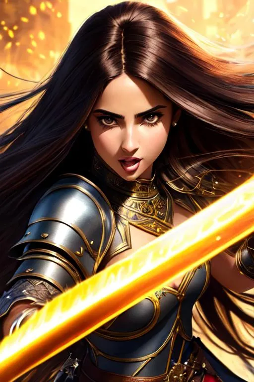 Prompt: Woman and monster, {Naomi 
Scott  with long brown hair flowing hair}, {sword fighting against a monster}, {Scary dark monster with sharp teeth}, high resolution faces, yelling, rage face, wearing shining plate, engaged in combat, medieval sword fighting, ornate armor, hypermaximalist, elegant, ornate, hyper realistic, anime, dramatic, digital painting, artstation, smooth, sharp focus, dark medieval castle, full body shot, high resolution, dungeons and dragons by Ilya Kuvshinov 