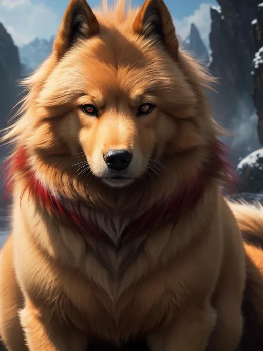 Prompt: 8k, 3D, UHD, masterpiece, oil painting, best quality, artstation, hyper realistic, photograph, perfect composition, zoomed out view of character, 8k eyes, Portrait of a (beautiful Ninetales), {canine quadruped}, thick glistening deep gold fur, deep sinister (crimson eyes), ageless, lives a thousand years, epic anime portrait, vindictive, angry, growling, vengeful, wearing a beautiful (silky crimson collar), presenting magical jewel, billowing gold mane with fluffy golden crest, golden magic fur lighlights, studio lighting, animated, sharp focus, intricately detailed fur, graceful, regal, cinematic, possesses fire element, blizzard, snow mountain, magnificent, sharp detailed eyes, beautifully detailed face, highly detailed starry sky with pastel pink clouds, ambient golden light, plump, perfect proportions, vector art, nine beautiful tails with pale orange tips, insanely beautiful, highly detailed mouth, symmetric, sharp focus, golden ratio, complementary colors, perfect composition, professional, unreal engine, high octane render, highly detailed mouth, Yuino Chiri, Anne Stokes