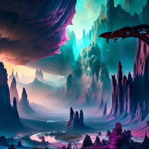 Prompt: Highly detailed fantasy planet landscape, moon, clouds, stars, planets, waterfalls, nebulae, mystical, light shafts, forest of quaking aspen, magenta-pink, green-cyan, dark-magenta, electric-blue, trending on artstation, beautiful, tonemapping, fantasy art, digital painting, hyperrealism, hyperdetailed, landscape, photorealistic, dramatic lighting, ray tracing, path tracing, vibrant, full shot