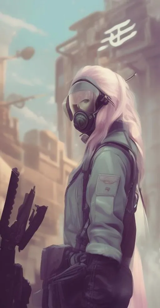 Prompt: Beautiful female angel, trees, nuclear winter, burning objects, guns, gas mask, lots of color, cyberpunk