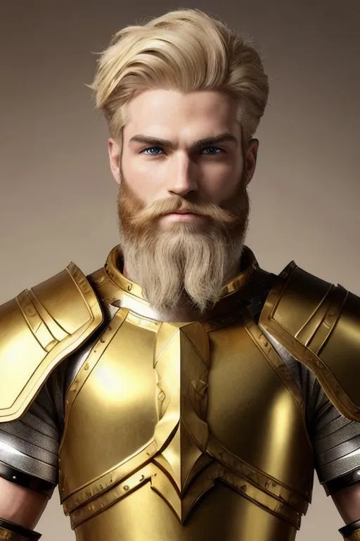 Prompt: Photo of a male warrior, medium musculature, blonde, trimmed beard, very detailed eyes, broken nose, 8k, gold armor, green clothing, 