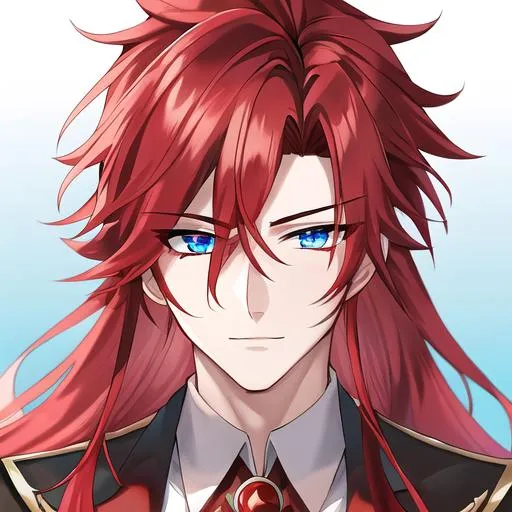 Prompt: Zerif 1male (Red side-swept hair covering his right eye, blue eyes), highly detailed face, adult. Handsome,  detailed, UHD, HD, 4K, highly detailed, red haze, masculine, anime style. wearing a maid outfit