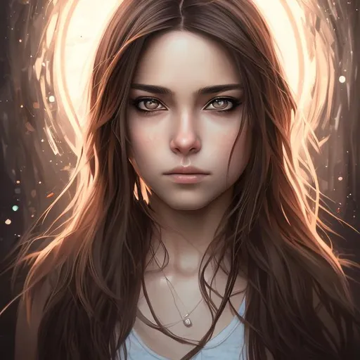 Prompt: portrait of a person, she has brown eyes and beautiful hair, her expression is defiant, facing camera, concept art and anime style and photorealistic, symmetrical