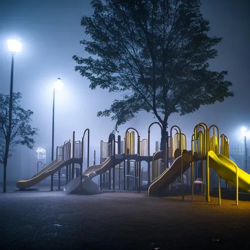 Prompt: Playground at night with fog