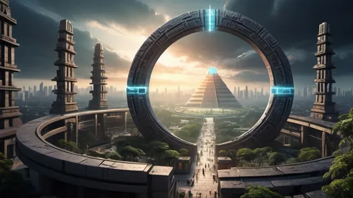 Prompt: magical portal between cities realms worlds kingdoms, circular portal, ring standing on edge, upright ring, freestanding ring, hieroglyphs on ring, complete ring, ancient mayan architecture, zigurat, pylons, gardens, hotels, office buildings, shopping malls, large wide-open city plaza, panoramic view, futuristic cyberpunk tech-noir setting, open sky