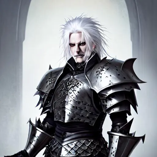 Prompt: Realistic photograph of a white haired gothic man wearing a heavy black armor