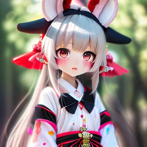 Prompt: Japen anime style, (masterpiece, best quality:1.2), illustration, absurdres, highres, extremely detailed, 1 petite girl, (black long hair), (white bunny ears), black eyes, eye highlights, looked kind, red and white (shrine maiden outfit), upper body, depth of field, (:d:0.8), chromatic aberration abuse, pastel color, Depth of field, blue tint,(blue fog:1.3), ice cage, fluttering crystal