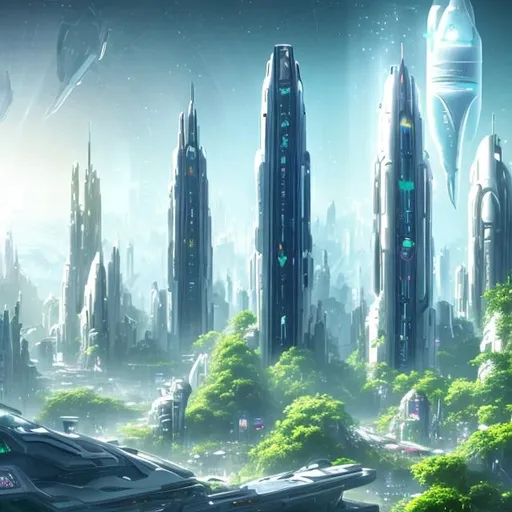 Prompt: Futuristic City White Tall Towers Lush Green Overgrown Plants Light Blue Sky High with many big white spaceships