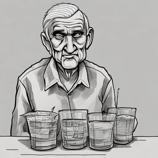 Prompt: A hand drawn picture of  weird old fashioned man holding a 5 drinks, simple lines