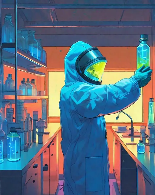 Prompt: In a sleek high-tech laboratory, a scientist makes a breakthrough discovery, holding up a (glowing:1.2) vial of blue liquid up to the light as eerie (neon:0.6) reflections dance across his hazmat suit. In the style of Simon Stålenhag.