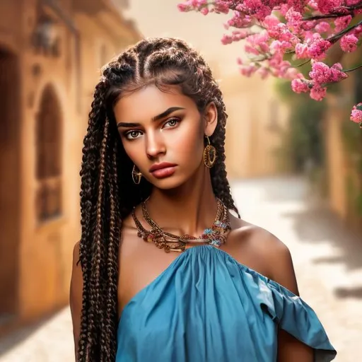 Prompt: professional modeling photo live action  human woman hd hyper realistic beautiful woman dark black hair cornrows on one half brown skin hazel eyes beautiful face light blue peasant dress with jewelry enchanting spanish landscape hd background with live action flowers and trees at night starry sky