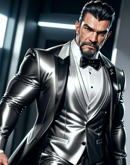 Prompt: perfect composition, bearded goatee {35 year old}, extremely muscular {Antonio Banderas}, wearing {silver and black futuristic tuxedo}, extra masculine, peak fitness, determined expression, 8k eyes, detailed face, wlop, stanley artgerm lau, artstation, hd, octane render, hyperrealism intricate details, 8k, cinematic volumetric light, proportional, art trending on artstation, sharp focus, studio photo, intricate details, highly detailed, intricate artwork masterpiece, ominous, intricate, epic, trending on artstation, highly detailed, vibrant, production cinematic character render, ultra high quality model, 