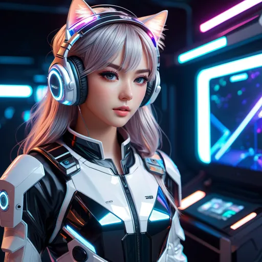 Prompt: anime style picture with a very intricate world full body image of cute girl in futuristic gear and weapon next to a mech vehicle in a cuberpunk world, downward angle full bodyand small waist perfect face, refracting, leaves, neon lights, wearing gaming headphones synthwave style , cute anime girl,perfect composition, hyperrealistic, render, super detailed, 8k, high quality, trending art, trending on artstation, sharp focus, studio photo, intricate details, highly detailed, creative, hair, fan art, glistening, refracting, leaves art, smooth shiny lighting, light reflect off skin hyper realistic,hdr, micro details, dark anime details, perfect compensition western battle background, perfect composition, hyperrealistic, render, super detailed, 8k, high quality, trending art, trending on artstation, sharp focus, studio photo, intricate details, highly detailed, creative, hair, fan art, glistening, futuristic goggles gamer, very cool detailed, realistic smooth lighting, dark background, focus on cat. looking at monitor, futuristic goggle visors, black background with lights in a futuristic room, side view, realistic, sharp lines