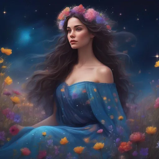 Prompt: A colourful, beautiful brunette, Persephone, in a beautiful flowing dress made of wildflowers. Framed by a nighttime sky of clouds, stars and constellations. In a photorealistic painted Disney style.