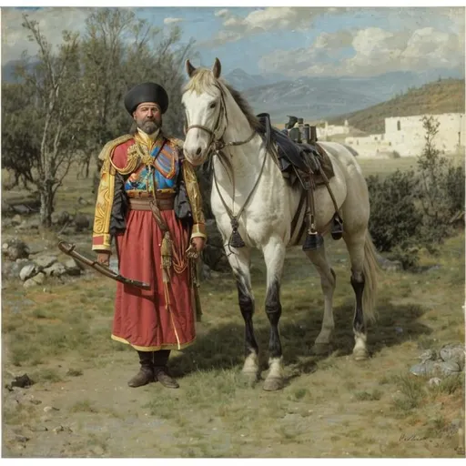 Prompt: a caucasian cossack with a kabarde horse, symetric face