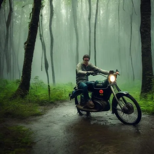 Prompt: the forest woods and a sad men whit a fast motocaicol  in the rain 
