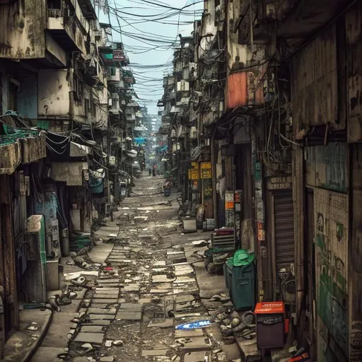 Prompt: dirt streets, favela, scifi, blade runner, warhammer hive city, jungle, poor, slums, hong kong walled city