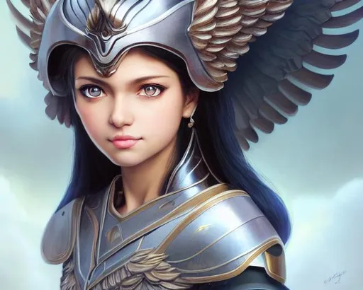 Prompt: Closeup face portrait of a female valkyrie with madhura dhaygude face, winged helmet, smooth soft skin, big dreamy eyes, beautiful intricate colored hair, symmetrical, anime wide eyes, soft lighting, detailed face, by makoto shinkai, stanley artgerm lau, wlop, rossdraws, concept art, digital painting, looking into camera