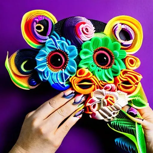 Prompt: Angled view of woman with rainbow flowers as eyes and curly hair made out of bent flower stems