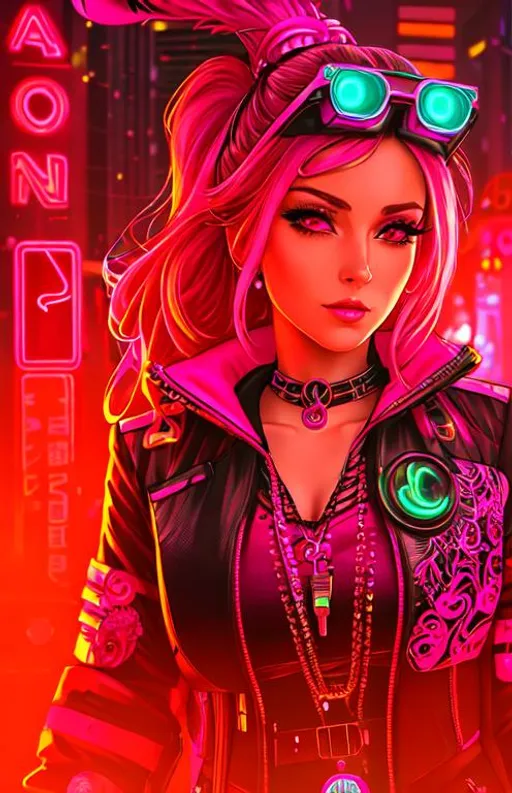 Prompt: A detailed portrait of a cyberpunk victorian pretty lady in a Futuristic Cityscape and Neon Pink Flamingo, Street Art, Graffiti Style, Bold, Digital Painting, Urban, Edgy, Colorful, 8K, Intricate Details illuminated by a neon sunset, by Alex Konstad, Tatsuya Ishida, and Patrick Brown, dramatic lighting, hyper-realistic details, with digital painting techniques, trending on Artstation, cinematic cinematic lighting.