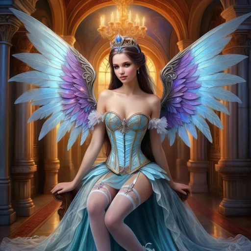 Prompt: (woman with wings), (wearing a tiara), intricate outfit, elegant dress, stunning tail, embellished corset, delicate stockings, alluring garter belt, (fantasy art), (Anne Stokes), magical atmosphere, ethereal lighting, vivid colors, whimsical details, fantasy style, enchanting setting, concept art, ultra-detailed, high-quality masterpiece, captivating design.