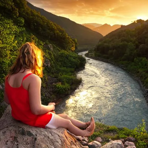 Prompt: a girl in the mountain sitting near a river to watch sunset
