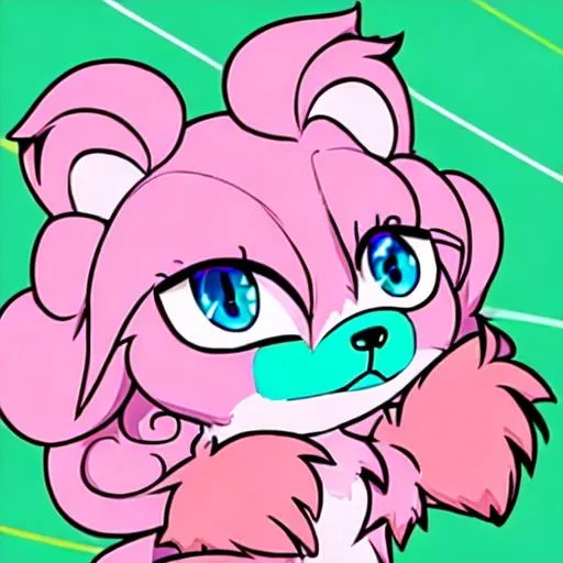 Prompt: Animated furry girl. Lynx, one blue eye one green. Brown and pink curly fur. Taking a solo picture. 