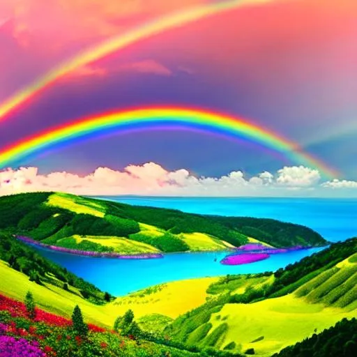 Prompt:  landscape in vivid colors, cool colors,rainbow