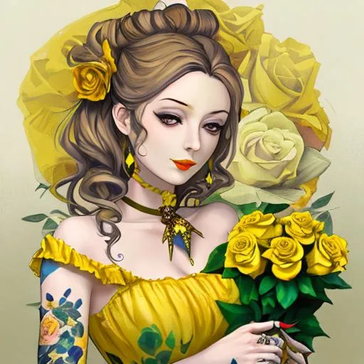 Prompt: Painted lady with yellow roses