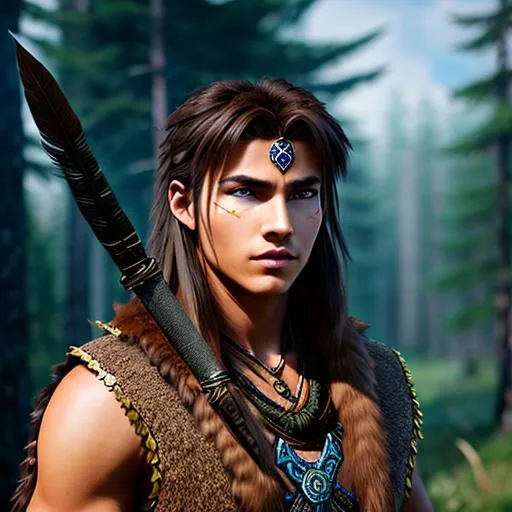 Prompt: 
Teenage native wolf drakon Hybrid warrior man, with dacian sword in right hand and dacian flag in left hand full body, wild brown hair, as feather end boss with Aqua Blue Glossy eyes) , 
, dramatic, cinematic lighting, caustic, standing straight in tribal dacian illiric village,in to the montain forest ethereal, royal vibe, highly detailed, digital painting, Trending on artstation ,UHD  quality, artgerm, tan skin, by Lawrence Ciortan.