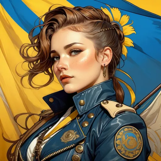 Prompt: line art, brown hair, in front of a blue and yellow flag, full figure, military jacket, studded leather, choker, wet hair, mohawk, freckles, proud look