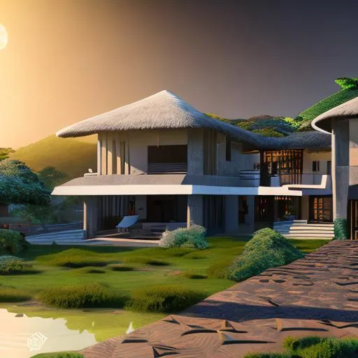 Prompt: modern design of beautiful detailed  2 story family house with a thatched roof and intricate and artistic congolese minerals details in small detailed beautiful modern paved Congolese town sunset behind the house, around the rainforest volumetric natural light wakanda style, cinematic light, ultra realistic, vray, far view, perspective landscape