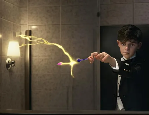 Prompt: 13 year old boy in a tuxedo casting a magic spell on someone inside a bathroom stall from the outside of the stall with a magic wand. Don’t show the person inside the stall. Only show the boy in his tuxedo casting the magic spell with his wand, and the bathroom stall with magic from the spell spewing everywhere out of the top