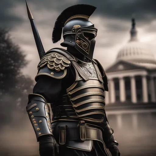 Prompt: A modern roman military male in black military armor galea helmet of roman armor, and gas mask, walking, background battle in Washington, D.C , Hyperrealistic, sharp focus, Professional, UHD, HDR, 8K, Render, electronic, dramatic, vivid, pressure, stress, traumatic, dark.