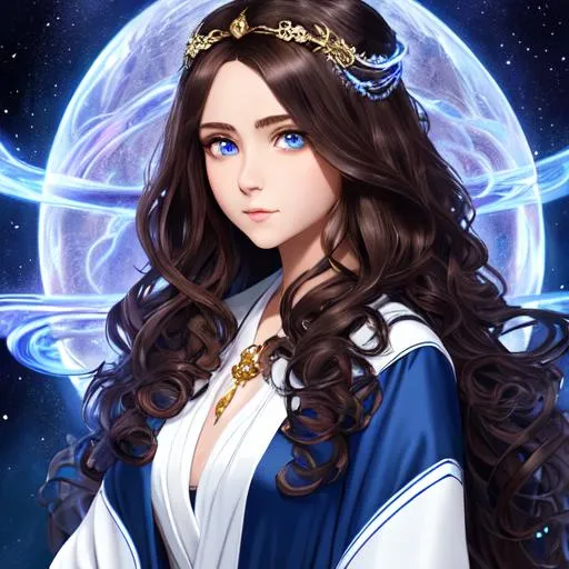 Prompt: "Full body, oil painting, fantasy, anime portrait of young woman with flowing curly dark brown hair and dark blue eyes | wearing a White robe with intricate blue trim on it, #3238, UHD, hd , 8k eyes, detailed face, big anime dreamy eyes, 8k eyes, intricate details, insanely detailed, masterpiece, cinematic lighting, 8k, complementary colors, golden ratio, octane render, volumetric lighting, unreal 5, artwork, concept art, cover, top model, light on hair colorful glamourous hyperdetailed medieval city background, intricate hyperdetailed breathtaking colorful glamorous scenic view landscape, ultra-fine details, hyper-focused, deep colors, dramatic lighting, ambient lighting god rays, flowers, garden | by sakimi chan, artgerm, wlop, pixiv, tumblr, instagram, deviantart