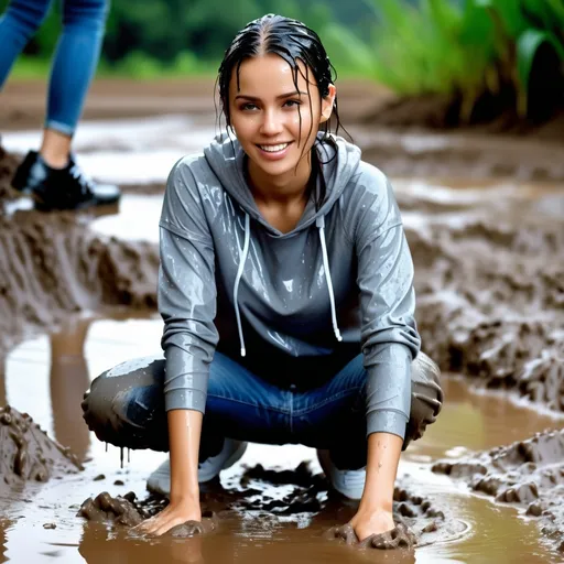 Prompt: photo of young woman, soaking wet clothes, Sneakers, Jeans, Gray t shirt,  , In mud,   enjoying, water dripping from clothes, clothes stuck to body,  detailed textures of the wet fabric, wet face, wet plastered hair,  wet, drenched, professional, high-quality details, full body view.