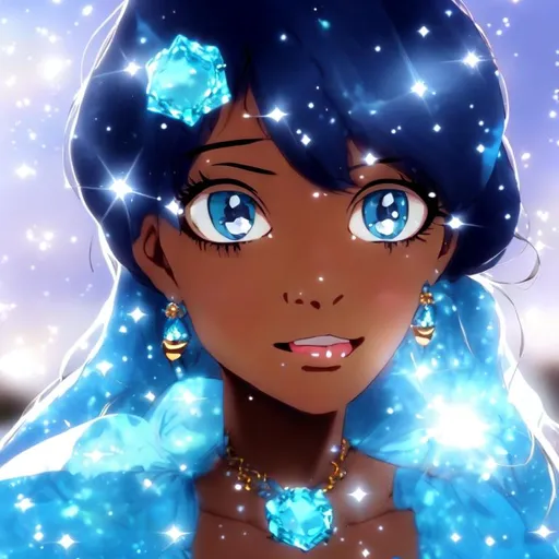 Prompt: Anime, Princess, Blue eyes, Blue Ballgown, Blue Topaz earrings, brown skin, HD, 4k, High Quality, Effects.