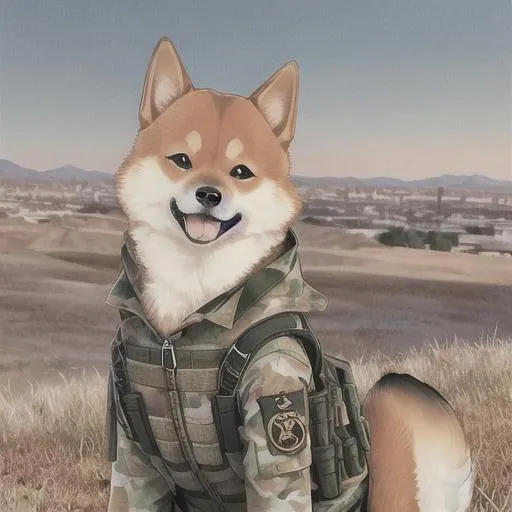 Prompt: A shiba inu wearing tactical clothing, wasteland background, gorgeous skies