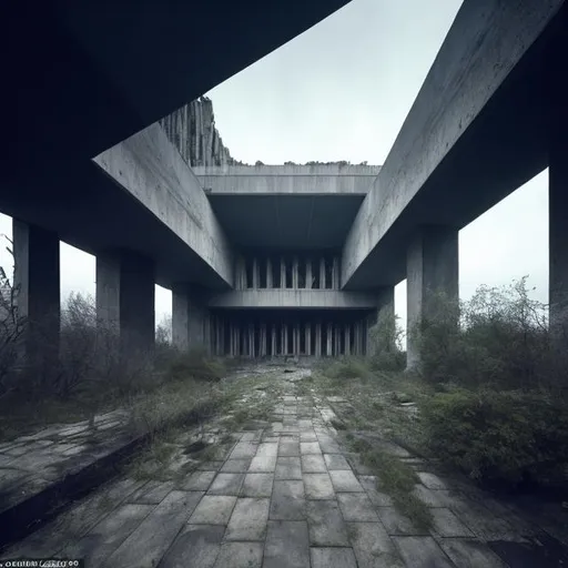 Prompt: a large brutalist architecture, creepy, unsettling, macabre, wide angle, empty, reclaimed by nature, concept of physics do not apply, 