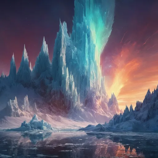 Prompt: Background: A frozen tundra with jagged ice cliffs reflecting an aurora borealis dancing across the sky.
Action: A mythical phoenix with blazing feathers of fire and ice bursts from a crystalized volcano, its flames melting the surrounding ice.
Render Style: Dynamic and luminous, with extreme contrast between fire and ice elements.
Theme: Rebirth and elemental harmony.