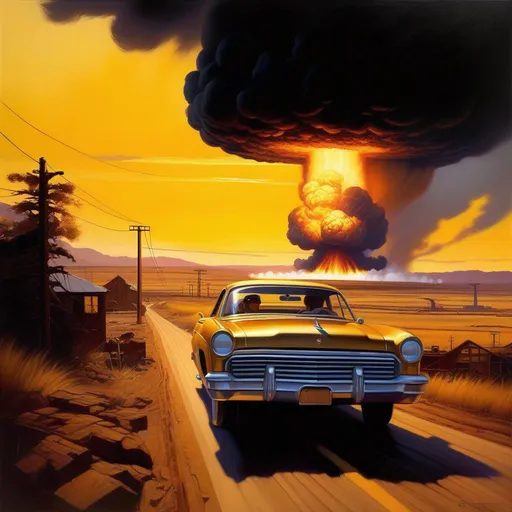 Prompt: Nuclear explosion, car chase, industrial area, cartoony, golden atmosphere, extremely detailed painting by Greg Rutkowski and by Henry Justice Ford and by Steve Henderson