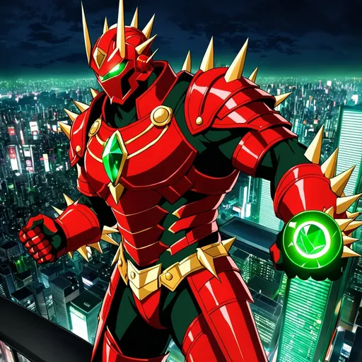 Prompt: anime, a rage powerful muscular all red spiked fully covered armor with golden spikes on his left forearm with a glowing green gem in his chest, standing at the edge of a skyscraper looking down at tokyo, he has a red gauntlet arm with a single glowing green jewel embedded into the top of the hand