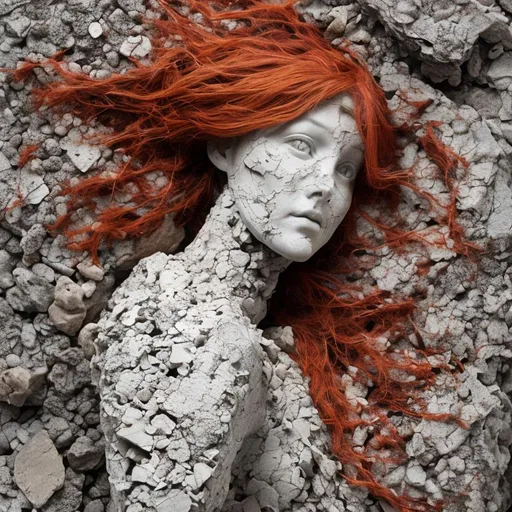 Prompt: A woman with red hair made of cracked stone sculpture and black clay at the bottom