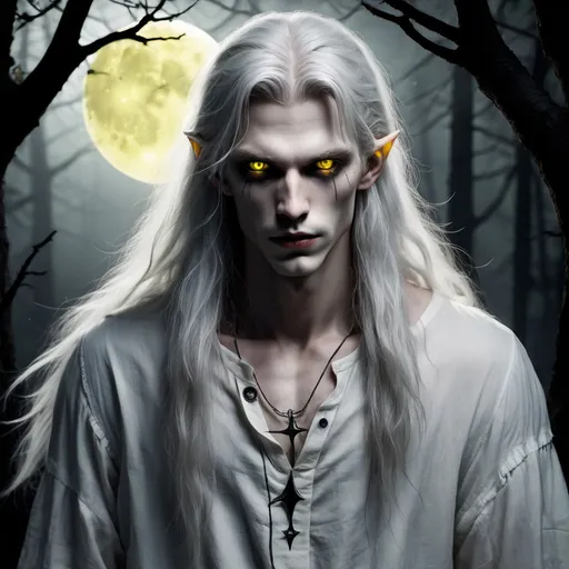 Prompt: A creature is standing in the dark forest, in the moonlight. He looks like a handsome, young man, but he has [very pale skin], [glowing yellow eyes], [extremely long, grey hair], [black lips] and [white, pointed fangs]. He is wearing a white peasant shirt.