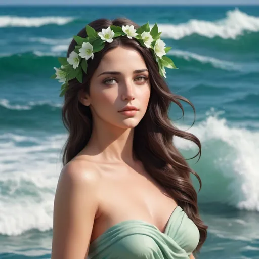 Prompt: a beautiful goddess on the sea
the background should be with sky and more blur
app icon
clay style
greek female with dark hair
head around with a small light green laurel
without  Straps

