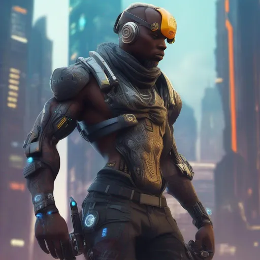 Prompt: African cyberpunk futuristic cyborg battle city full body 